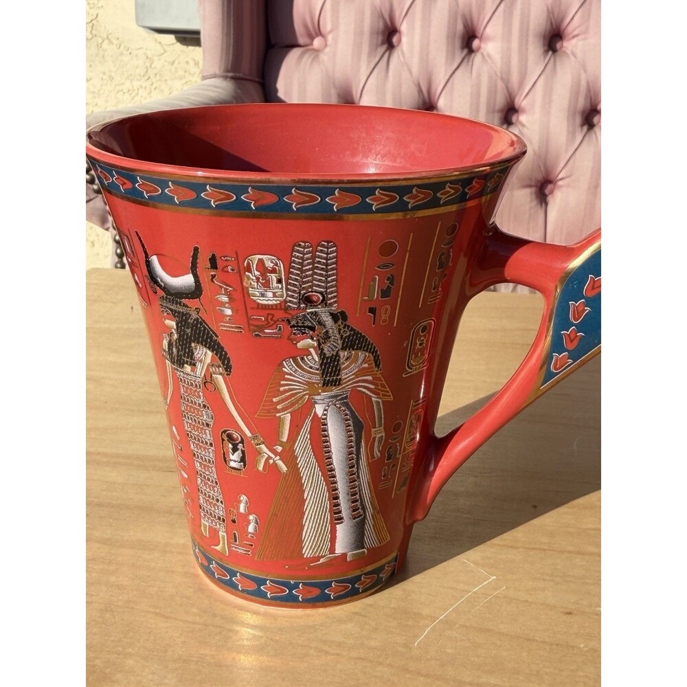 Vintage Egyptian Revival, Red Ceramic Mug With Hieroglyphics And Figure Figures